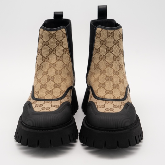 size 9G 9.5 US Gucci Boots Chelsea Beige Brown Black Canvas Ankle GG Monogram - Picture 2 of 11